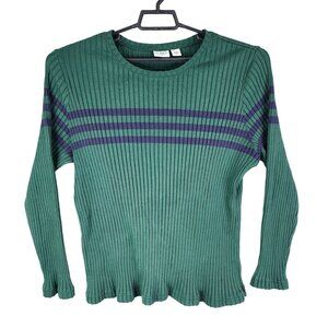 Woman Green & Navy Striped Cato Ribbed Sweater Long Sleeve Crew Neck Size 26/28W